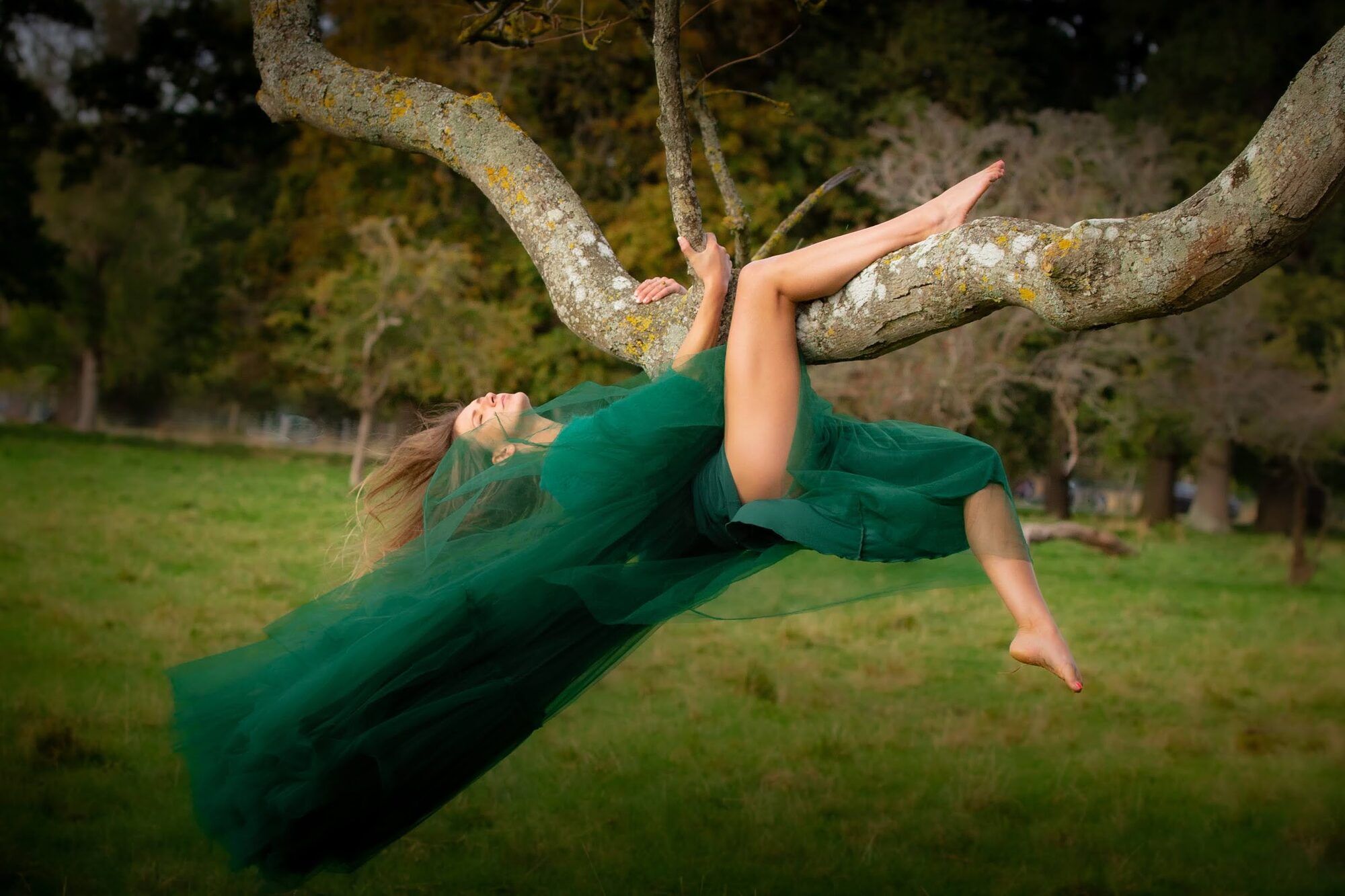 Woman in a green tulle gown lying along a tree branch