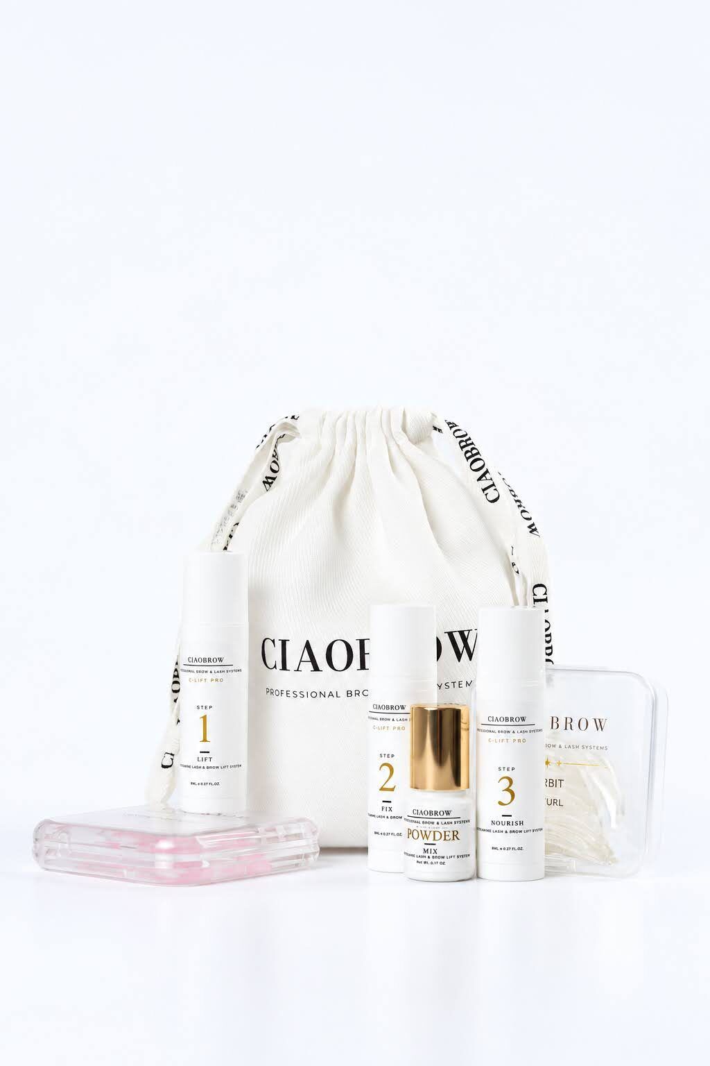 Brow products beside a white drawstring bag