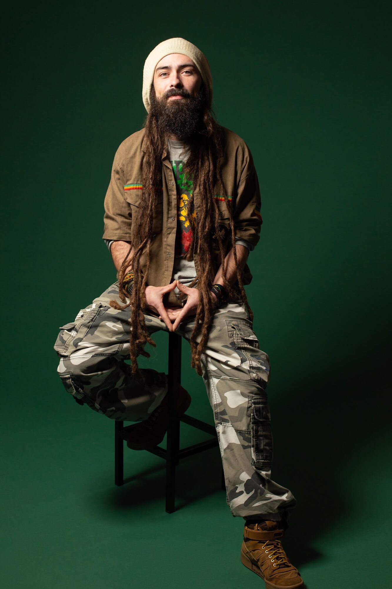 Bearded man in a beanie seated on a stool, full length