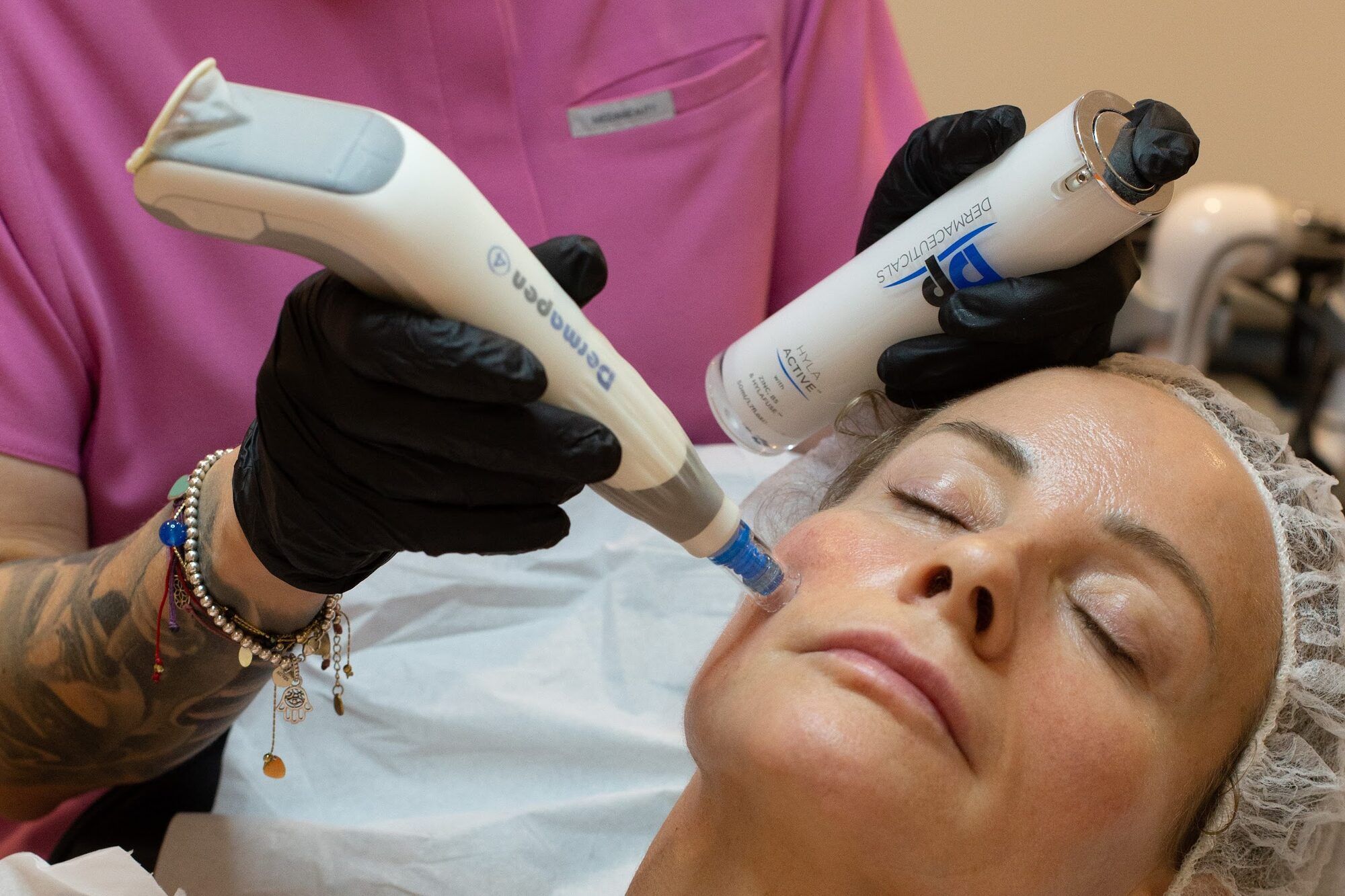 Close-up of a facial treatment, gloved hands