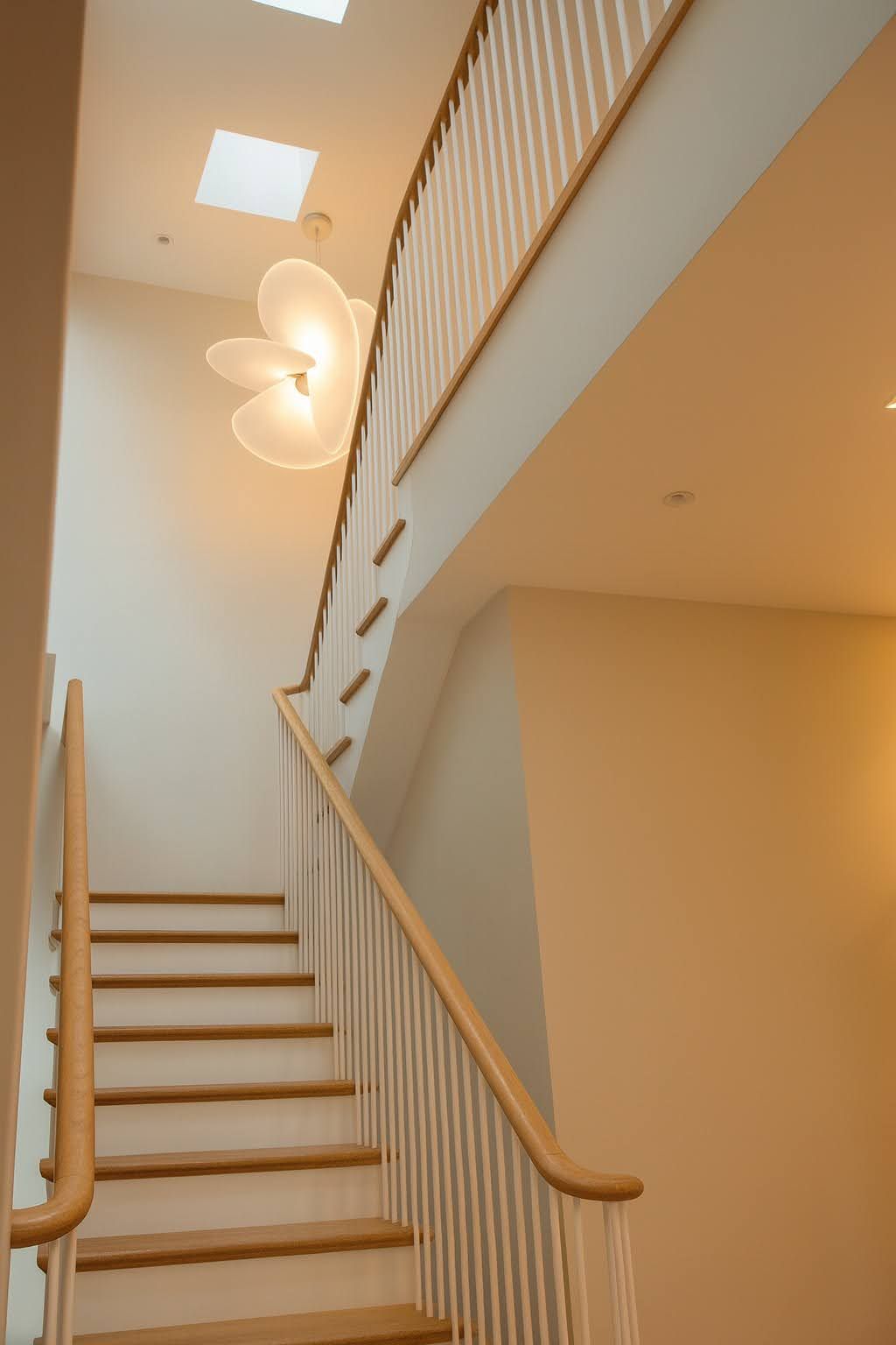 Staircase with light wooden handrails and treads, white spindles, skylights and a petal-shaped pendant light